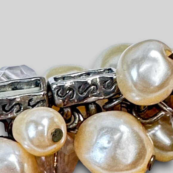 Simulated Pearl & Faceted Glass Bead Bracelet Stretch EUC Boho Bohemian Elegant - Picture 3 of 10
